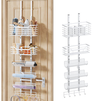 Consumest 6-Tier Hair Tool Organizer - Hair Dryer Holder Over The Door/Wall Mounted DIY Adjustable Shelf Bathroom Door Organizer with Hook for Curling Iron/Blow Dryer/Straightener Black