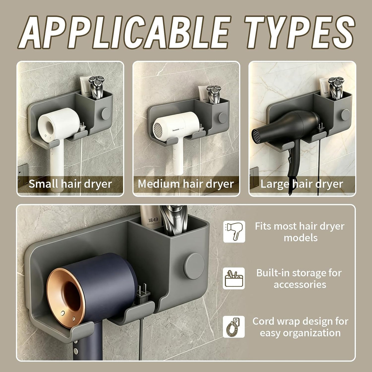 Hair Dryer Holder Wall Mount, Punch Free Blow Dryer Storage Rack with Accessory Organizer for Bathroom