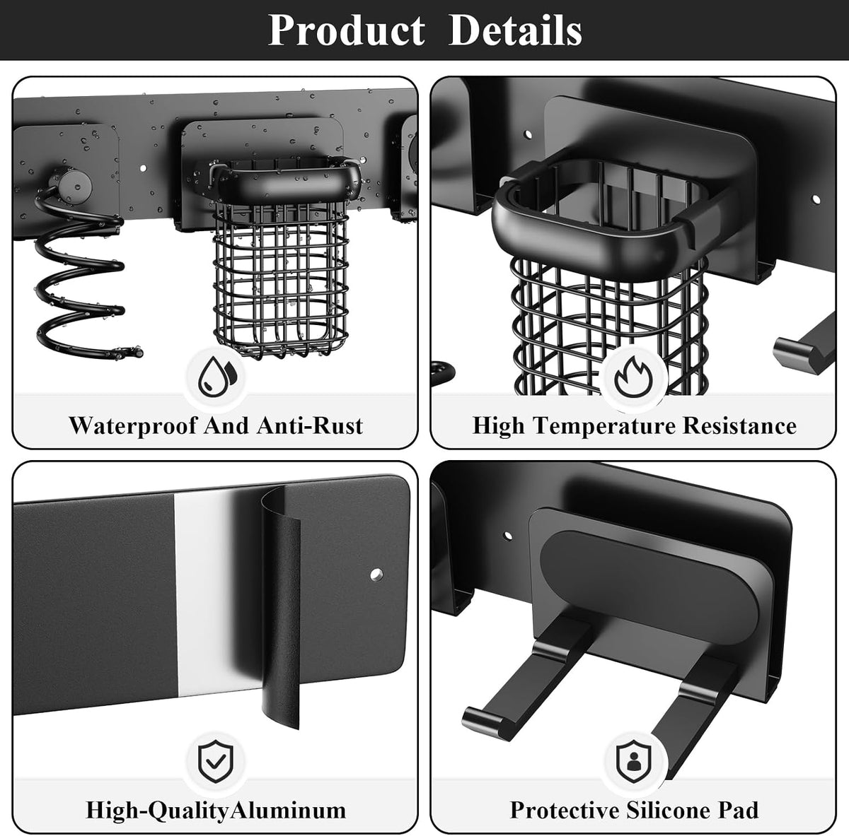 Tindbea Upgraded Aluminum Alloy Hair Dryer Holder Wall Mounted with Built-in Cord Wrap,3-in-1 Hair Tool Organizer for Blow Dryer, Curling Iron, and Straightener, Matte Black