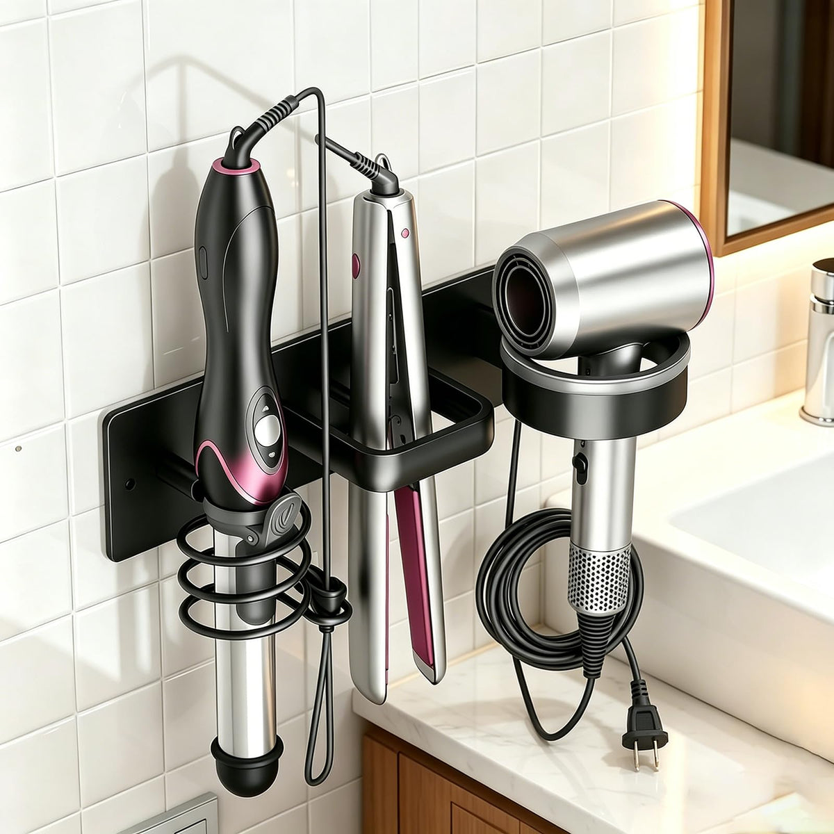 3-in-1 Aluminum Hair Dryer Holder, Matte Black Styling Tools Rack