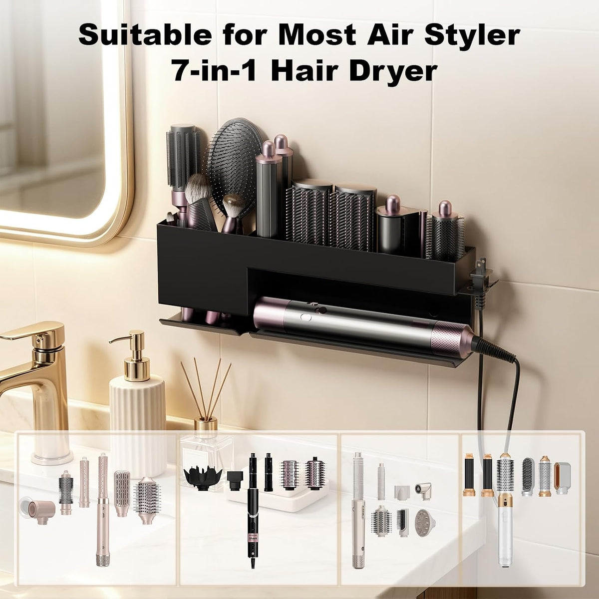 Hair Tool Organizer Wall Mount, Metal Curling Iron Accessories Rack Bracket Stand, Storage Rack Tool for Bathroom Shelf Organizer Black
