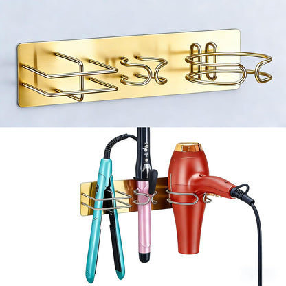 Blow Dryer Holder Wall Mounted Curling Iron Holder, 3 in 1 Hair Tool Organizer for Straightener, Curling Iron, Hair Dryer Holder Adhesive Flat Irons Storage for Bathroom Barber Shop (Black)
