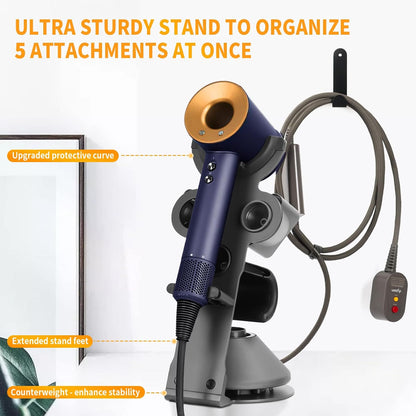 Hair Dryer Holder Stand for Dyson Hair Dryer, Upgraded Dyson Hair Dryer Holder Dyson Hair Dryer Stand Black to Store 5 Dyson Hair Dryer Attachments with Cable Hook