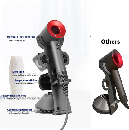 Hair Dryer Holder Stand for Dyson Hair Dryer, Upgraded Dyson Hair Dryer Holder Dyson Hair Dryer Stand Black to Store 5 Dyson Hair Dryer Attachments with Cable Hook