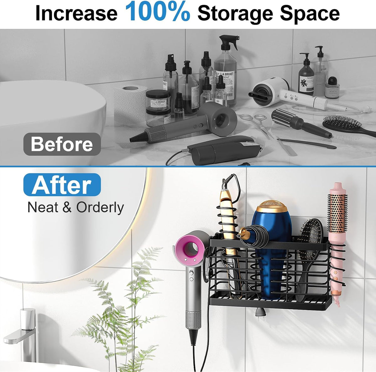 Sevenblue 2026 Upgraded 3-in-1 Universal Hair Tool Organizer, L Size, Black