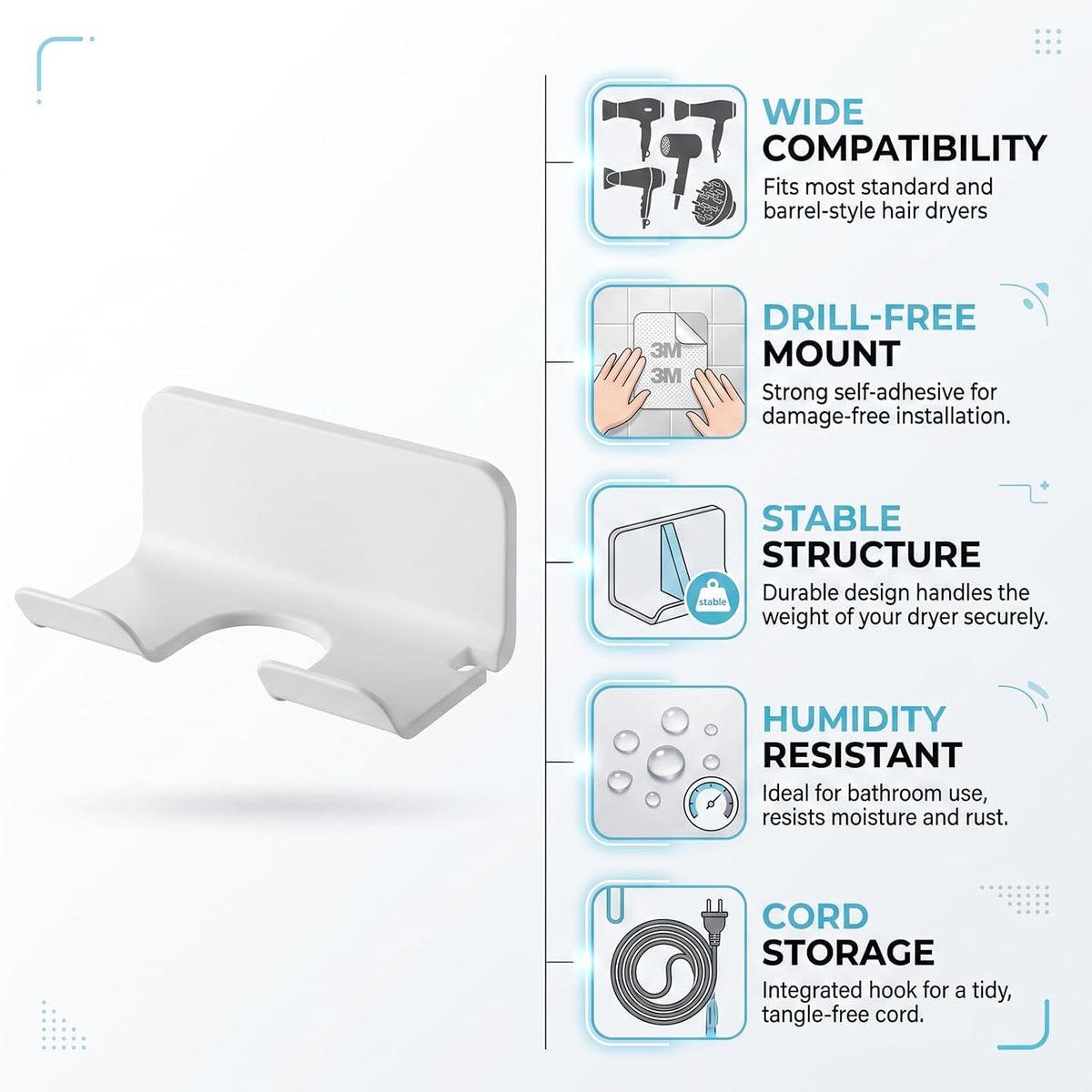 No Drill Hair Dryer Holder, Bathroom Wall Storage Bracket