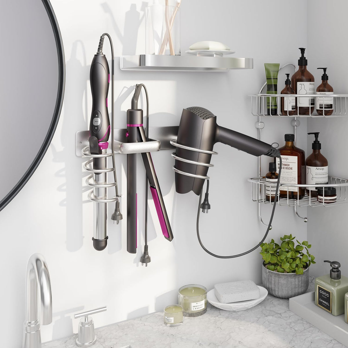 hicorfe Hair Dryer Holder 3 in 1 Hair Tool Organizer,Blow Dryer Holder Wall Mounted,Bathroom Bedroom Care Styling for Flat Iron,Curling Iron,Hair Straightener（Silver）