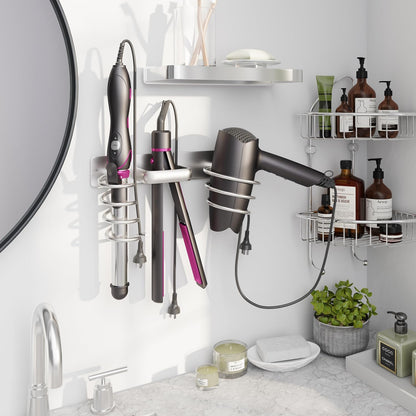 hicorfe Hair Dryer Holder 3 in 1 Hair Tool Organizer,Blow Dryer Holder Wall Mounted,Bathroom Bedroom Care Styling for Flat Iron,Curling Iron,Hair Straightener（Silver）