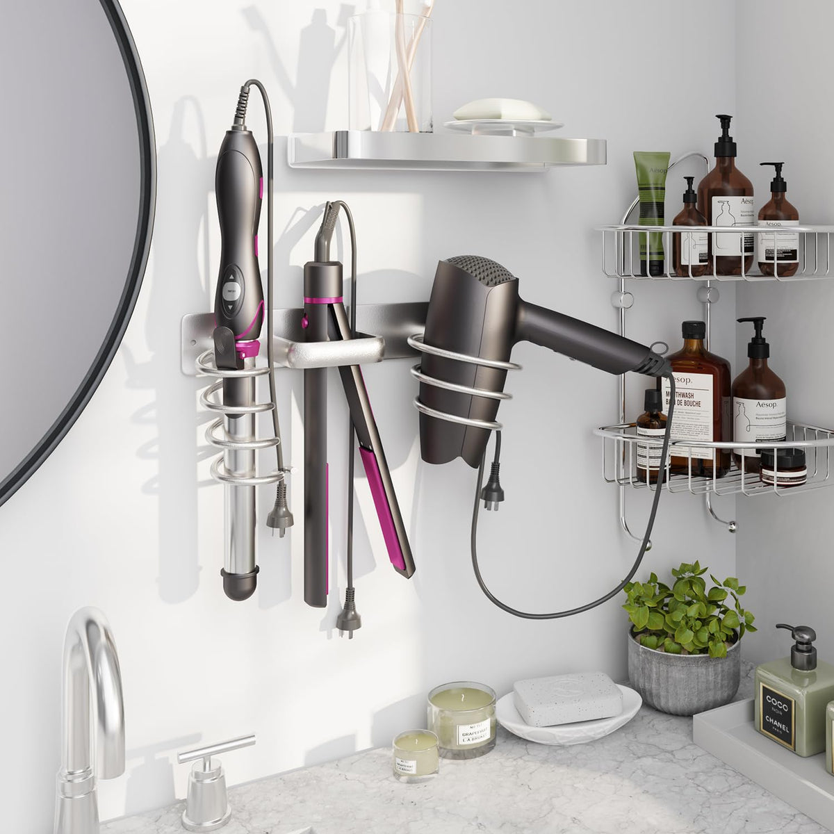 hicorfe Hair Dryer Holder 3 in 1 Hair Tool Organizer,Blow Dryer Holder Wall Mounted,Bathroom Bedroom Care Styling for Flat Iron,Curling Iron,Hair Straightener（Silver）