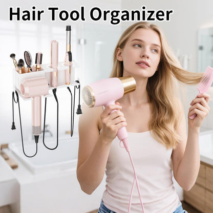 Hair Dryer Holder, Hair Tool Organizer Wall Mount, Adhesive or Drill, White