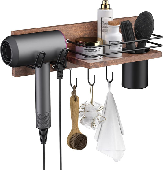 RoleDes Wooden Hair Dryer Holder Wall Mounted, Bathroom Hair Tool Organizer, Blow Dryer Holder Shelf, Curling Iron and Hair Styling Tools Organizer