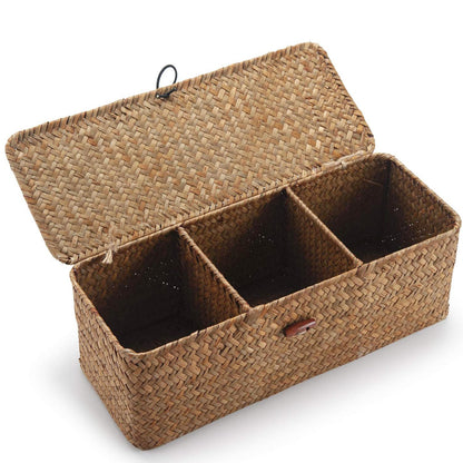 Seagrass Storage Basket for Bathroom - Toilet Tank with Lid, Wicker Woven Narrow Basket for Organizing (13" x 5" x 4.3")