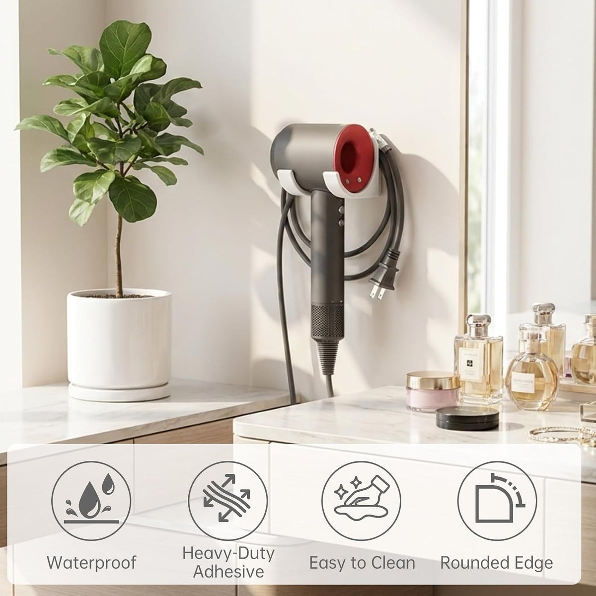Hair Dryer Holder Wall Mount with Plug & Cord Organizer for Bathroom