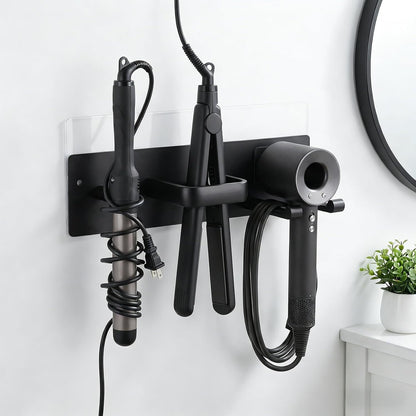 3-in-1 Hair Dryer Holder Wall Mount, Hair Tool Organizer with Curling Iron & Flat Iron Holder, Universal Blow Dryer Stand for Bathroom Vanity, Matte Black