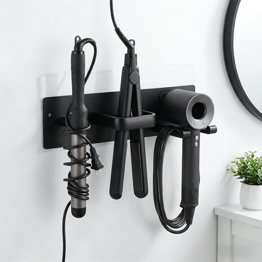 3-in-1 Hair Dryer Holder Wall Mount, Hair Tool Organizer with Curling Iron & Flat Iron Holder, Universal Blow Dryer Stand for Bathroom Vanity, Matte Black