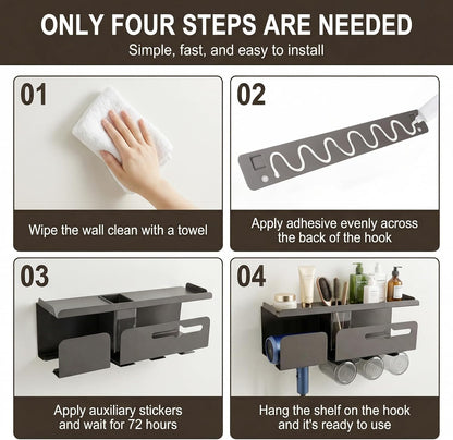 Hair Dryer Holder Wall Mount Metal,Adhesive/Drilling Bathroom Organizer with Shelf,Tissue Box&3 Free Cups,Rustproof Rack for Hair Styling Tools&Toothbrush,Grey