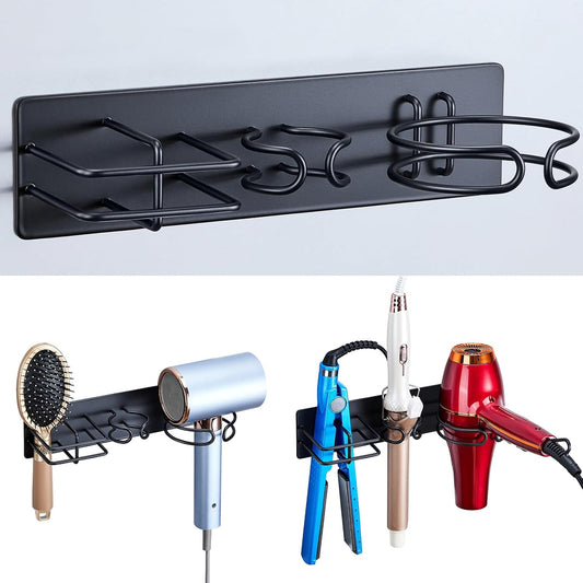 Blow Dryer Holder Wall Mounted Curling Iron Holder, 3 in 1 Hair Tool Organizer for Straightener, Curling Iron, Hair Dryer Holder Adhesive Flat Irons Storage for Bathroom Barber Shop (Black)