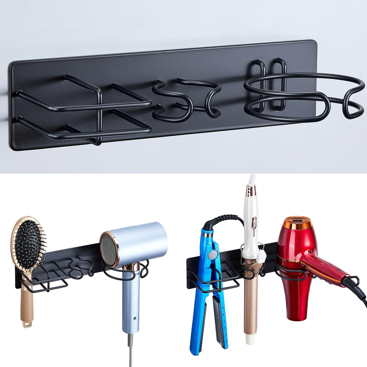 Blow Dryer Holder Wall Mounted Curling Iron Holder, 3 in 1 Hair Tool Organizer for Straightener, Curling Iron, Hair Dryer Holder Adhesive Flat Irons Storage for Bathroom Barber Shop (Black)