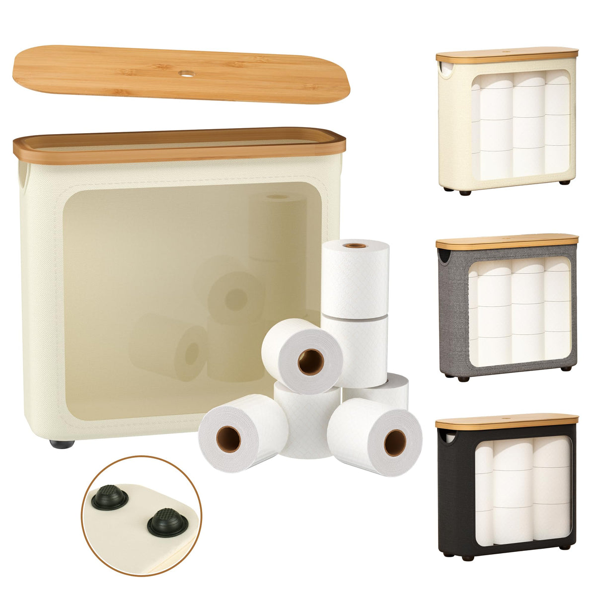 Toilet Paper Storage with Bamboo Lid,Foldable Basket Organizer for Bathroom, Holds 9 Mega/12 Regular Rolls, Waterproof Toilet Paper Holder Storage with Non-Slip Base,Gray