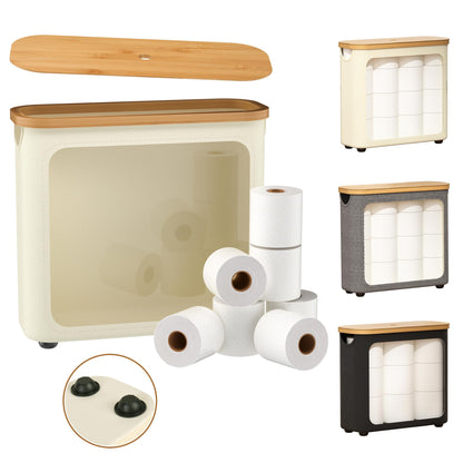 Toilet Paper Storage with Bamboo Lid,Foldable Basket Organizer for Bathroom, Holds 9 Mega/12 Regular Rolls, Waterproof Toilet Paper Holder Storage with Non-Slip Base,Gray