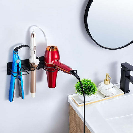 Blow Dryer Holder Wall Mounted Curling Iron Holder, 3 in 1 Hair Tool Organizer for Straightener, Curling Iron, Hair Dryer Holder Adhesive Flat Irons Storage for Bathroom Barber Shop (Black)