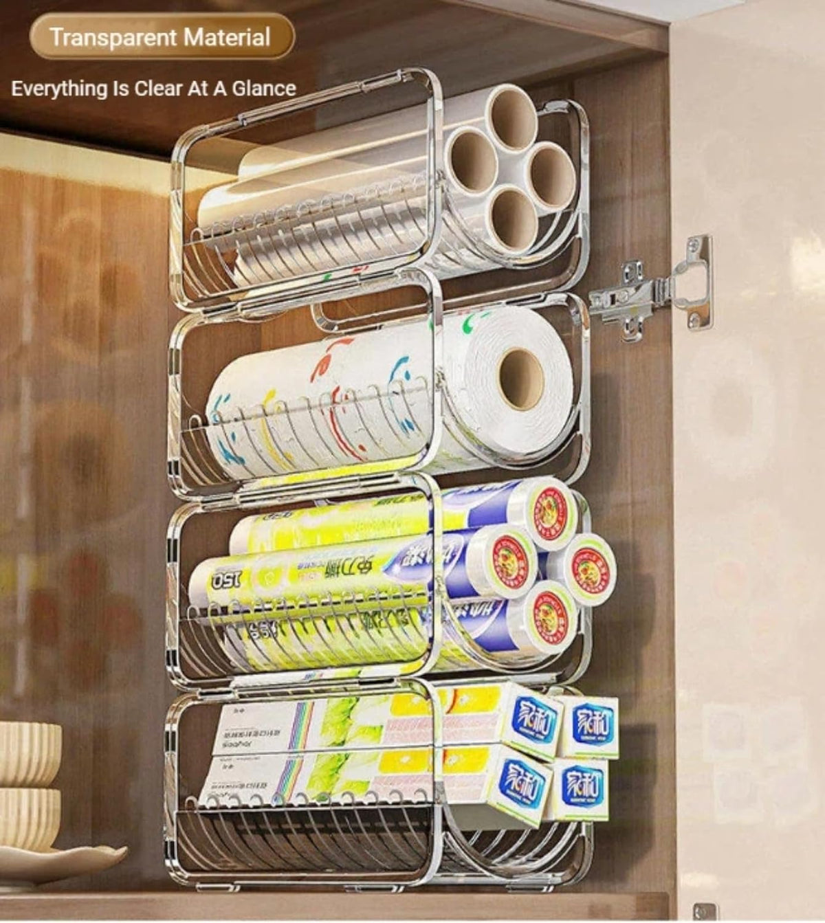 2 Pack Stackable Plastic Wrap, Tinfoil Storage Organizers, Cabinet Tiered Shelves, Hair Dryer Curling Iron Storage Racks, Multipurpose Storage Organizers