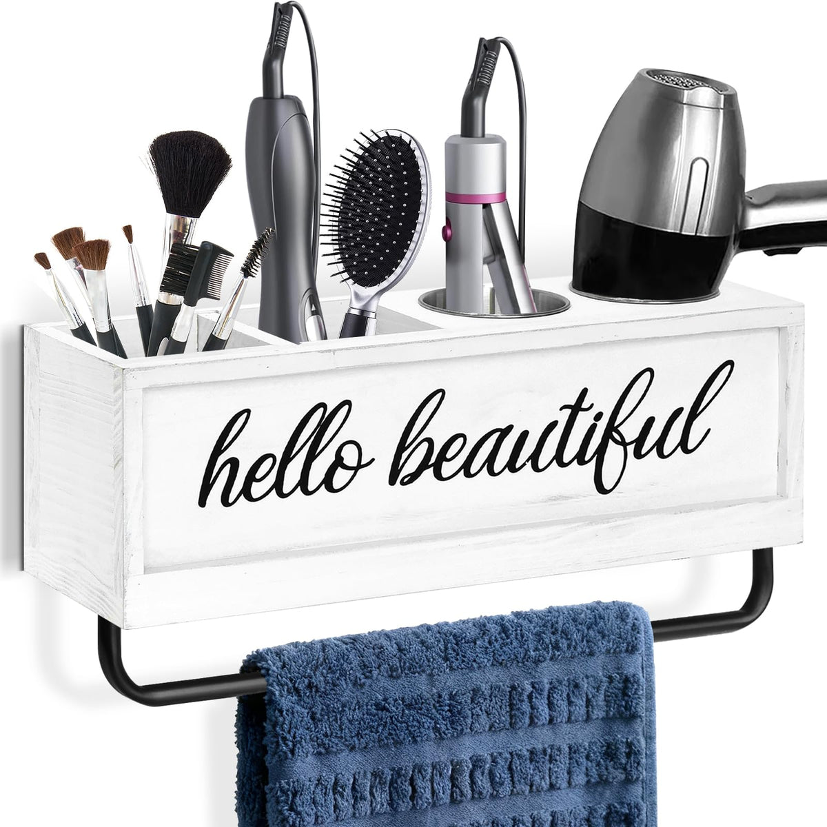 Hair Dryer Holder Wall Mounted, Hair Tools and Styling Organizer with Towel Bar, Farmhouse Beauty Hair Appliance Holder for Flat Iron, Curling Wand, Towel Rack (White)