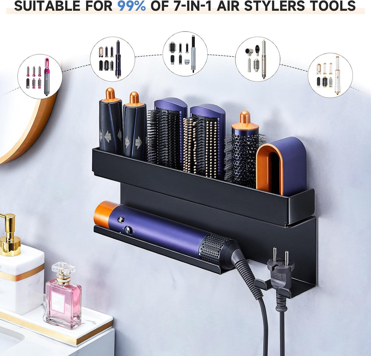 Storage Hair Dryer Holder for Curling Iron Accessories, Hair Tool Organizer Wall Mount, Curling Iron Holder Organizer, Bathroom Hair Straightener Holder Stand for Styler Attachments Organizer, Black