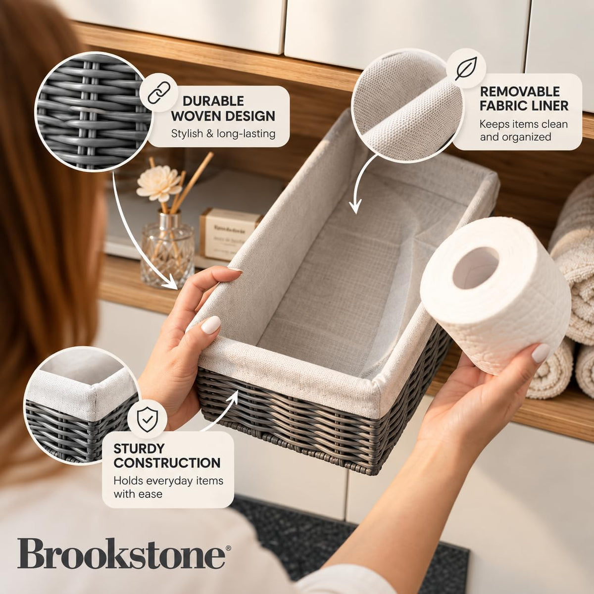 Brookstone Over the Toilet Tank Wicker Storage Basket, Bathroom and Closet Organizers and Storage Bins with Fabric Liner, Grey, 2 Pack Set