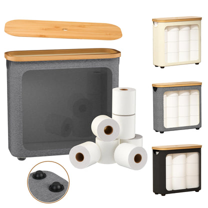 Toilet Paper Storage with Bamboo Lid,Foldable Basket Organizer for Bathroom, Holds 9 Mega/12 Regular Rolls, Waterproof Toilet Paper Holder Storage with Non-Slip Base,Gray
