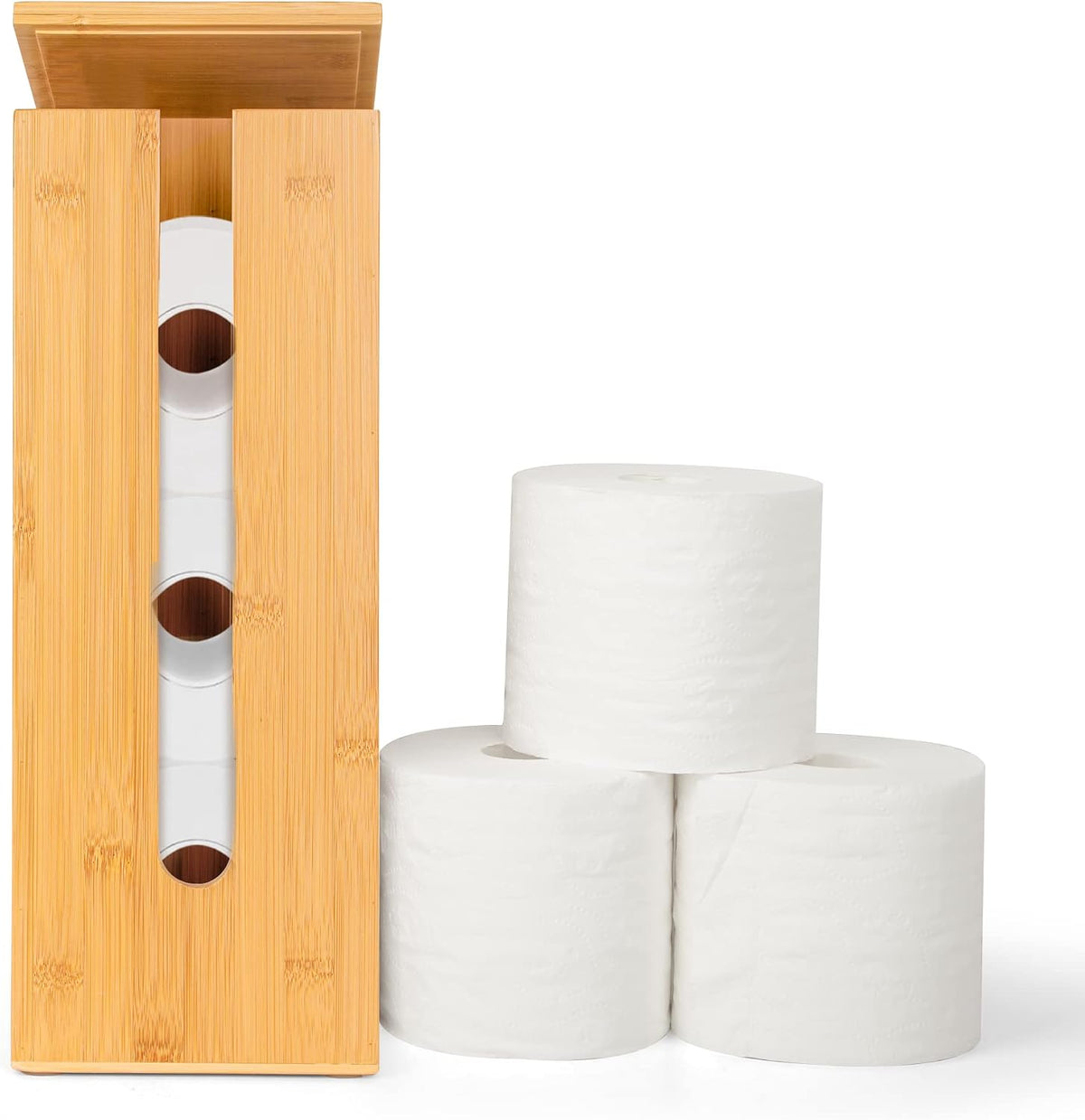 GOBAM Bamboo Toilet Paper Storage - Fits 3 Mega Toilet Paper, Bathroom Organizer, Toilet Paper Holder Stand, Bamboo Bathroom Accessories - Natural, 5.9 x 5.9 x 16.1 inches