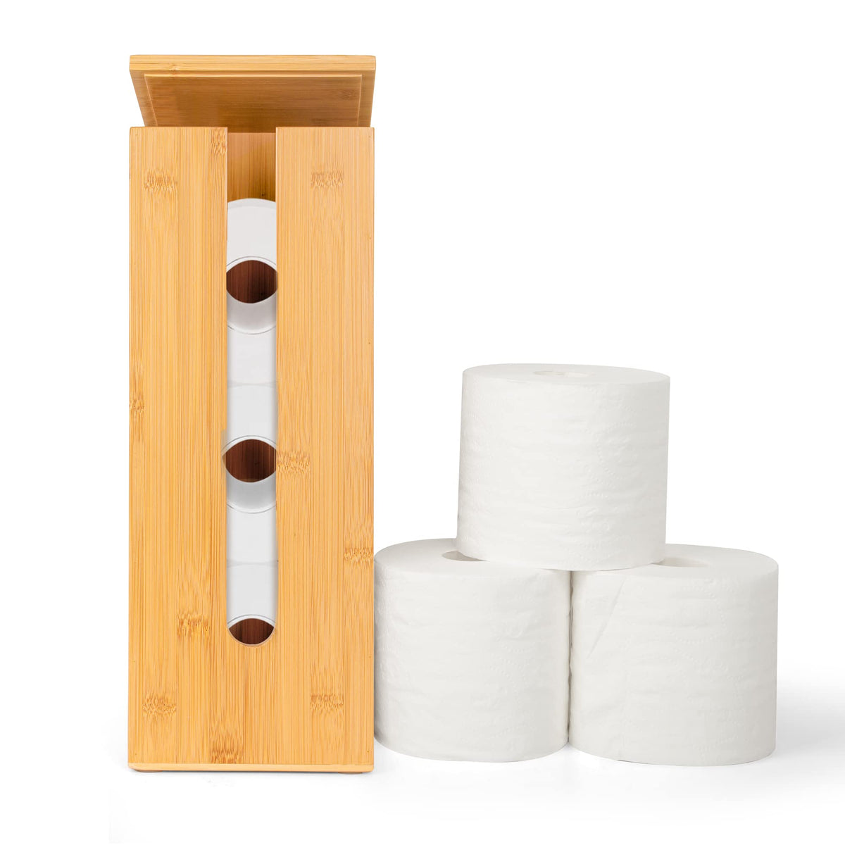 Gobam Bamboo Toilet Paper Storage with Dual-Use Lid, Freestanding Bathroom Tissue Organizer with Viewing Slot, Built-In Handle, Anti-Slip Base, Compact Toilet Paper Holder Stand for up to 6 Mega Rolls