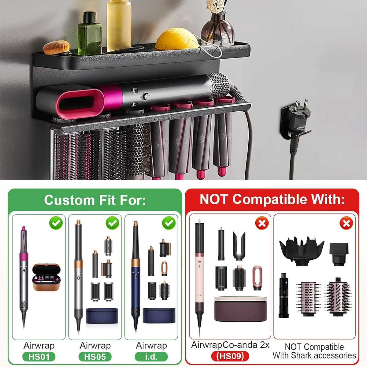 Airwrap Storage Holder Compatible with Dyson Airwrap Curling Iron Wall Mounted Storage Rack Holder for Home Organizer (with Comb) Black