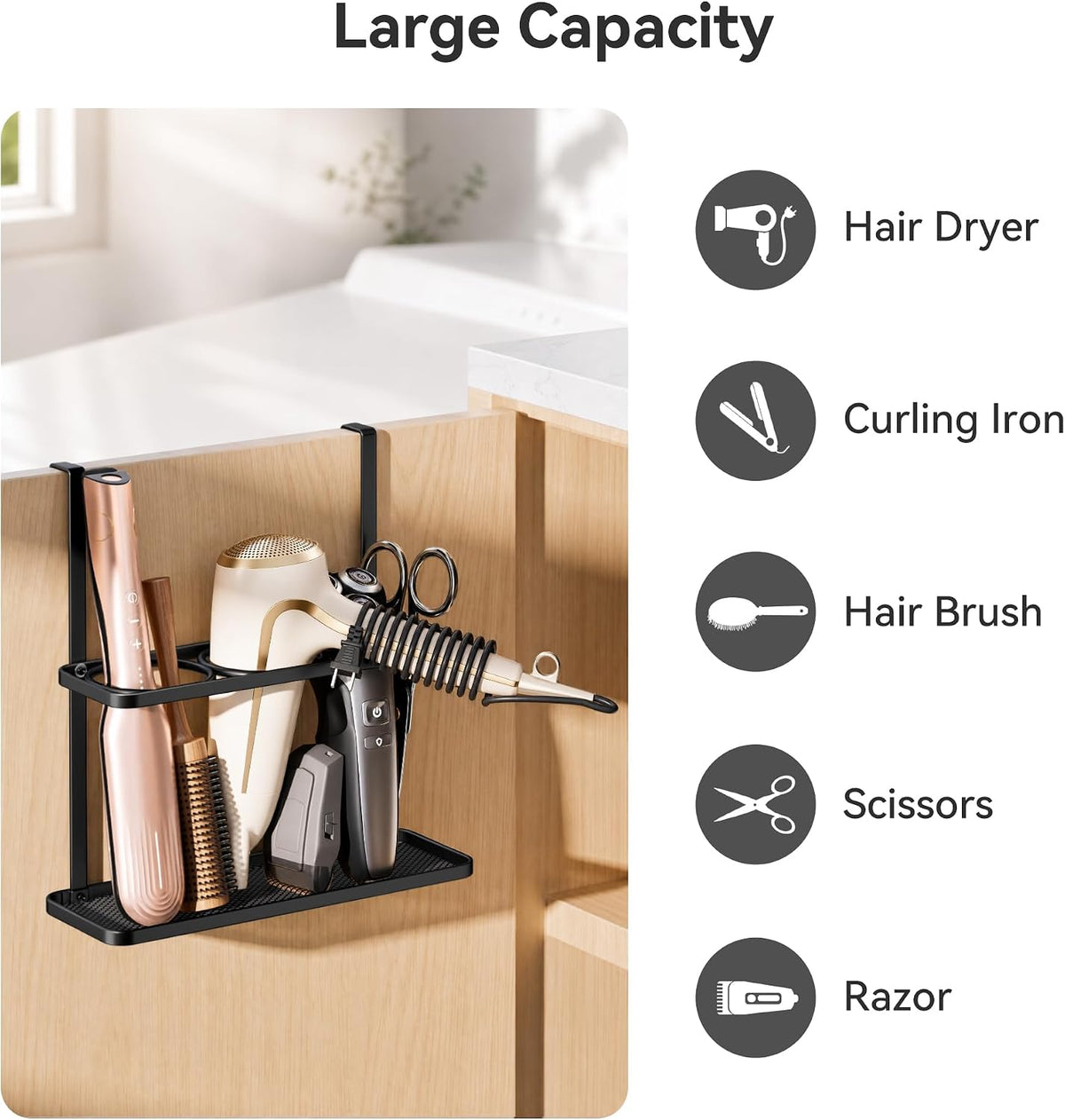 niffgaff Hair Tool Organizer Holder - Adhesive Wall Mounted for Blow Dryer, Curling Iron, Straightener - Black