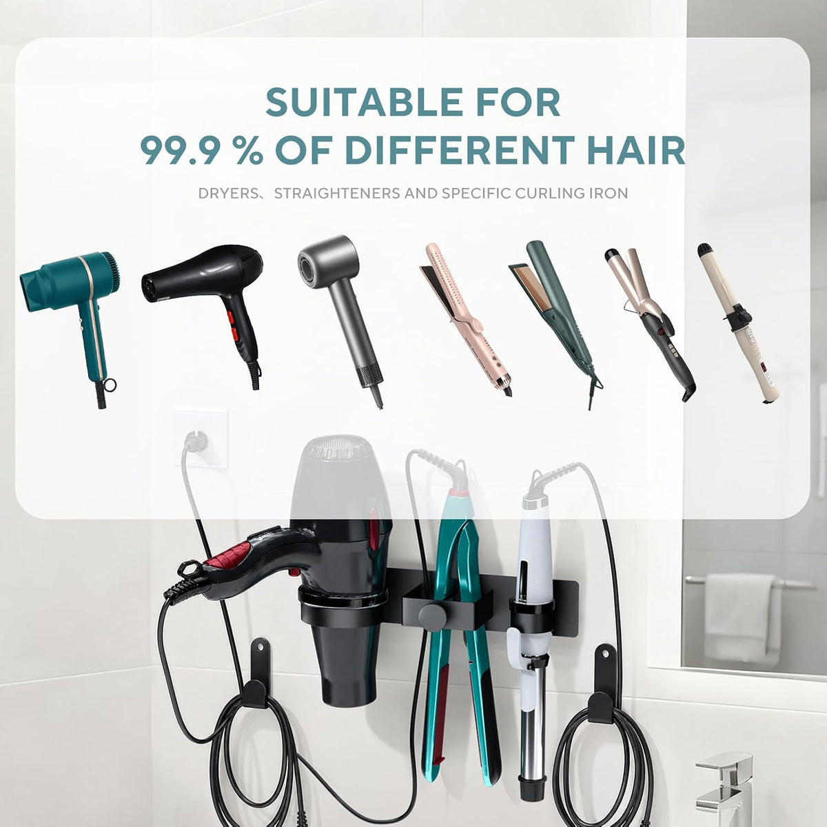 Hair Dryer Holder Wall Mounted, Blow Dryer Holder with Plug&Cord Organizer