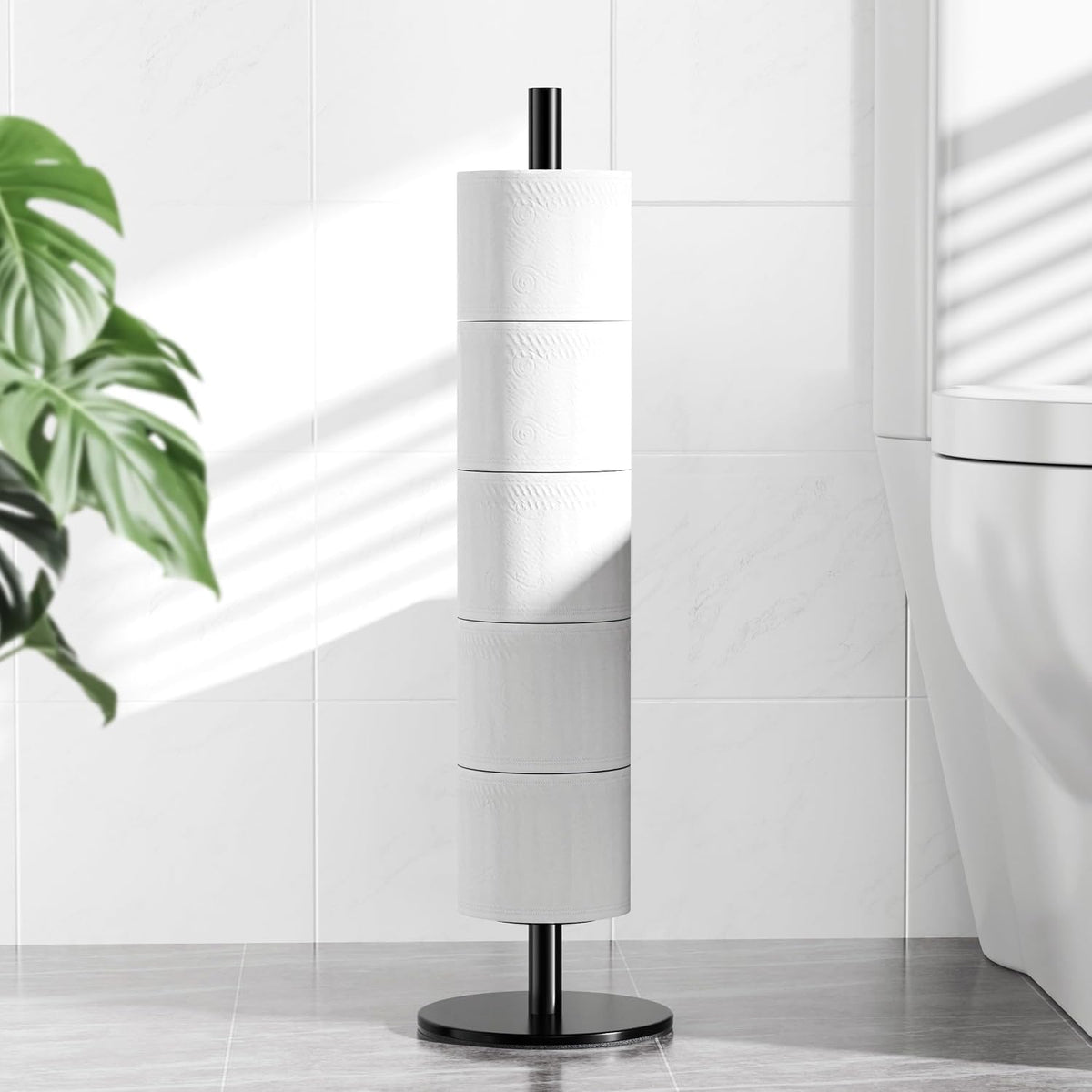 Freestanding Toilet Paper Holder with Shelf,5 Roll Storage,Matte Black