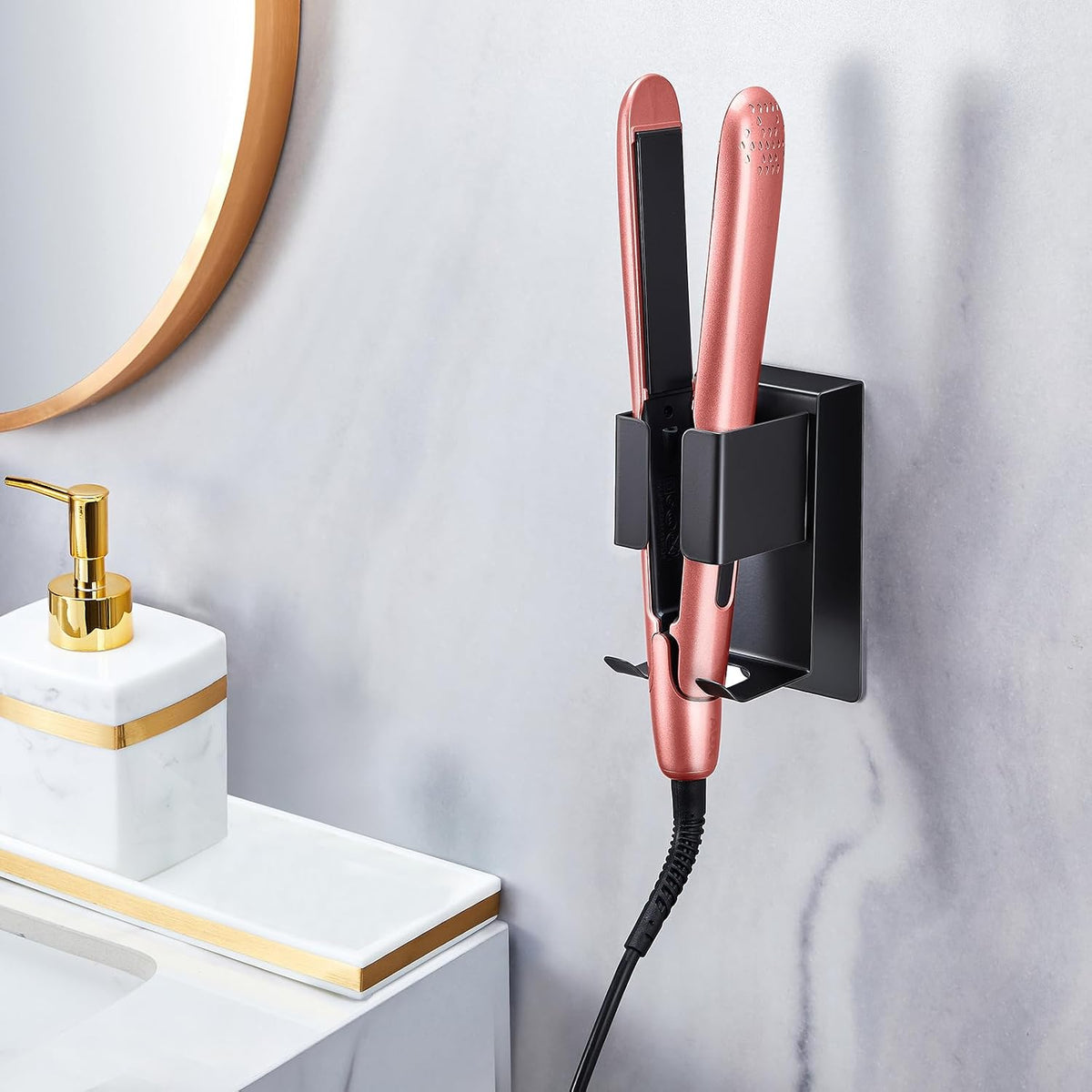 Curling Iron Holder Wall Mount, Hair Straightener Holder, Adhesive Hair Tool Organizer Storage for Styler Attachments, Flat Iron, Blow Dryer Holder for Bathroom Vanity (Black, 1Pc)