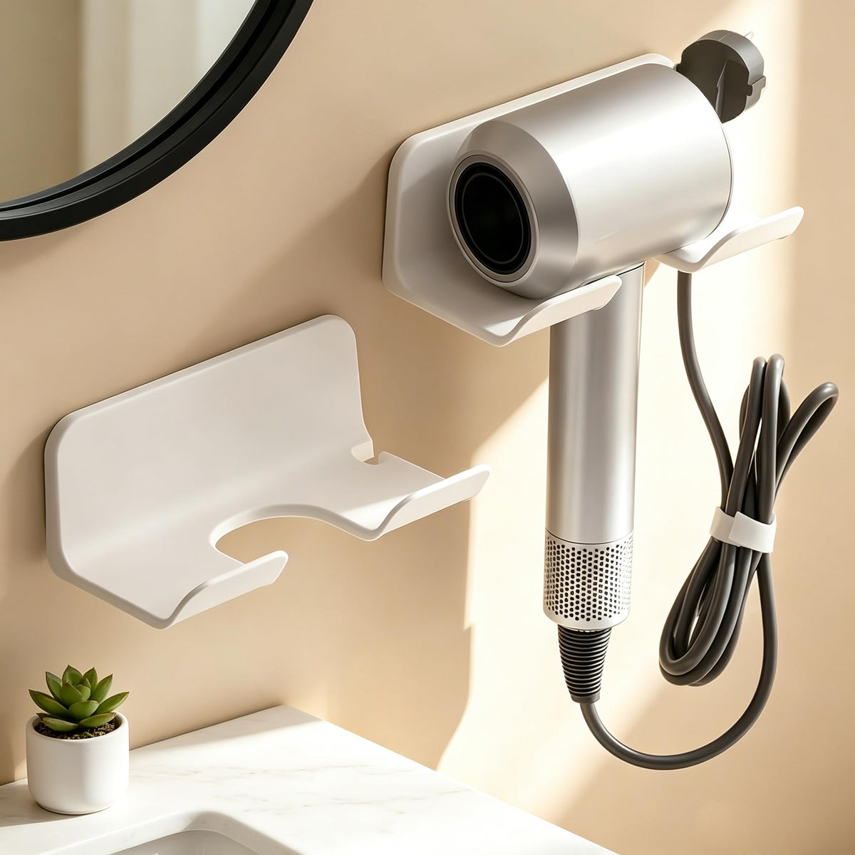 Universal Hair Dryer Holder, Blow Dryer Hanger Wall Mount for Hair Dryer Hook with Plug&Cord Organizer Self Adhesive for Cabinet Bathroom(1 Pack Black)