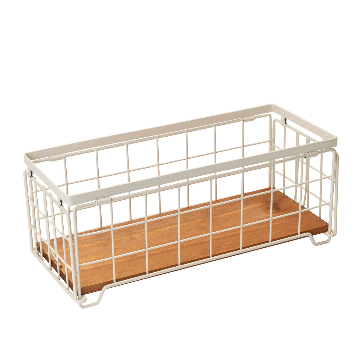 Metal Wire Storage Basket, Toilet Paper Roll Holder Wood Base Countertop Decor Box Toilet Tank Shelf Cabinet Organizer for Bathroom Pantry Garage Bedroom Livingroom (Cream White (2 Pack))