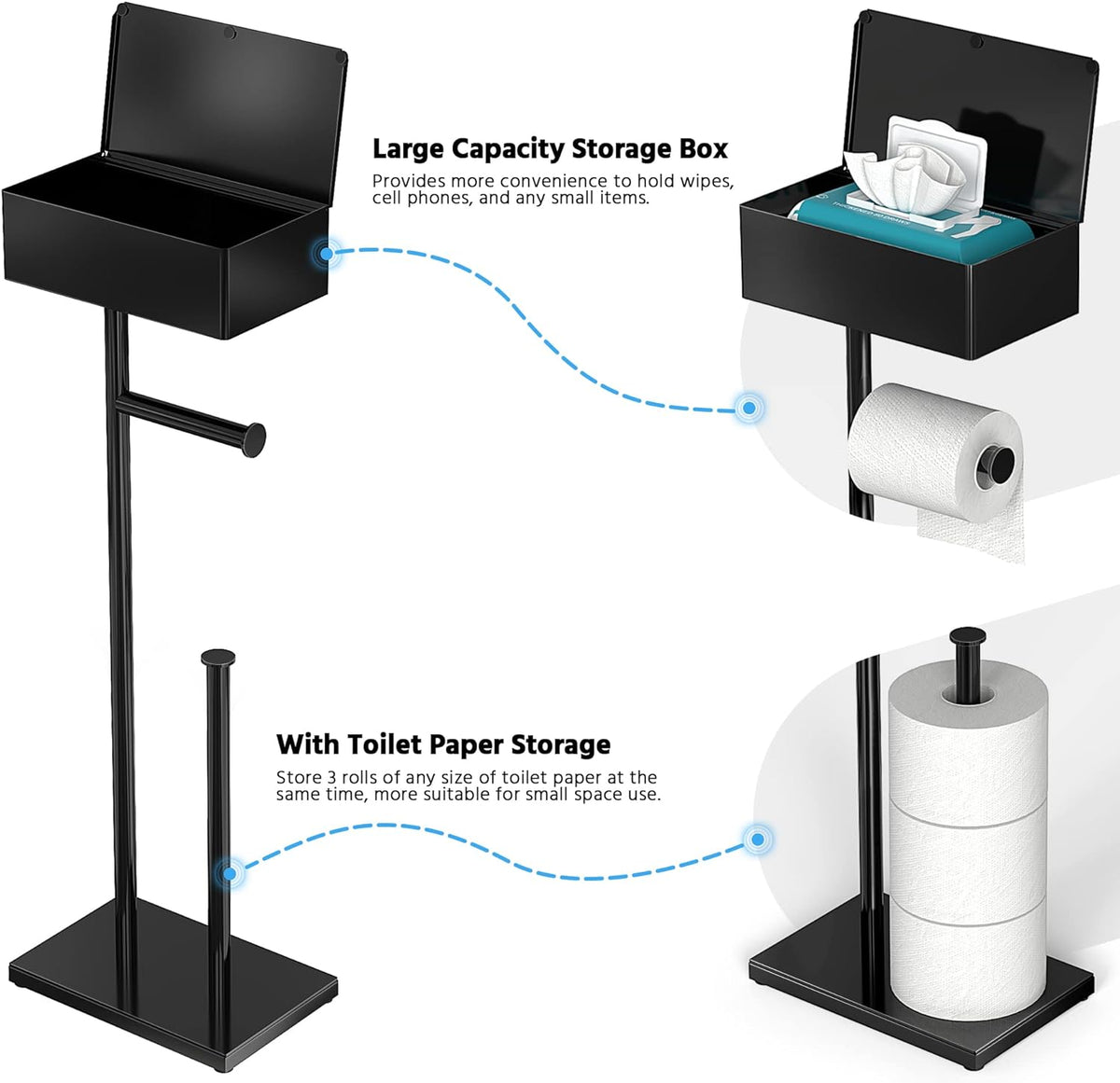 CISILY Black Toilet Paper Holder Stand with Storage Shelf, Free Standing Toilet Paper Roll Holders, Bathroom Toliet Tissue Holder Accessories Essentials