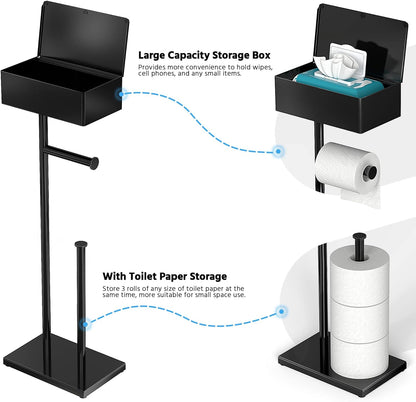 CISILY Black Toilet Paper Holder Stand with Storage Shelf, Free Standing Toilet Paper Roll Holders, Bathroom Toliet Tissue Holder Accessories Essentials