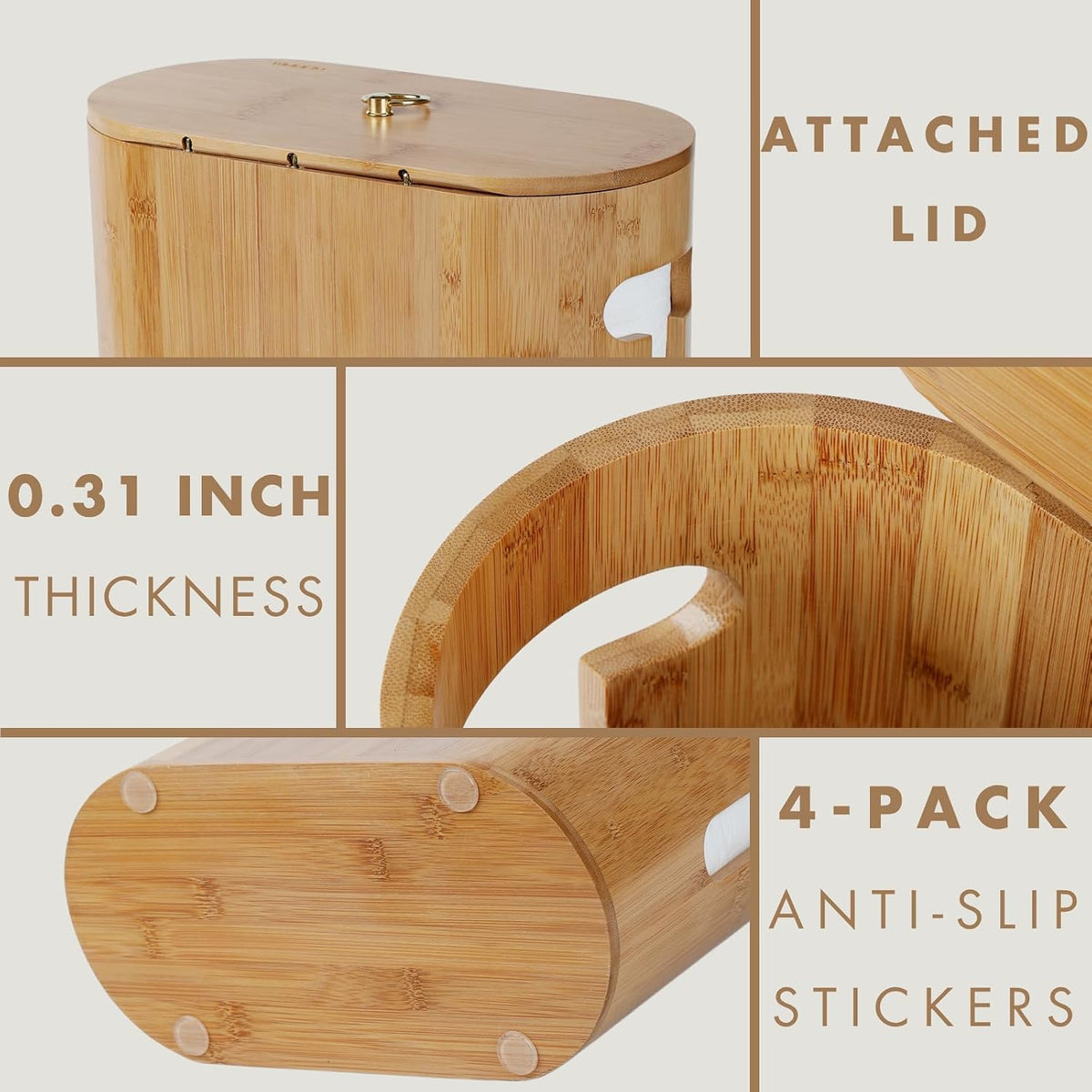 Gobam Bamboo Toilet Paper Storage with Dual-Use Lid, Freestanding Bathroom Tissue Organizer with Viewing Slot, Built-In Handle, Anti-Slip Base, Compact Toilet Paper Holder Stand for up to 6 Mega Rolls