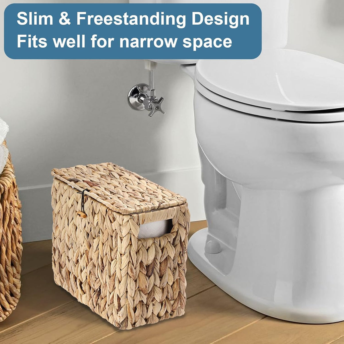 Sumnacon Toilet Paper Basket, Wicker Water Hyacinth Toilet Paper Holder with Handles and Lid, Holds Up to 4 Mega Rolls, Decorative Farmhouse Woven Bathroom Accessories Toilet Tissues Organizer, Small