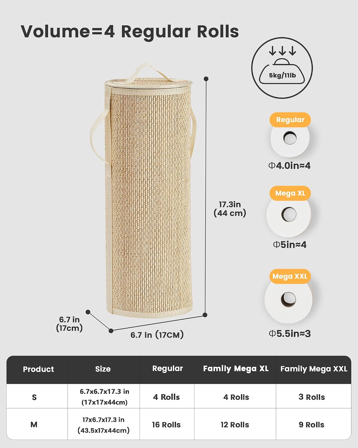 Bamboo Toilet Paper Storage Basket with Lid & Handle - 10L Handwoven Bathroom Organizer for 4 Rolls - Sturdy Stand Holder for Toilet Paper Organization, Light Natural