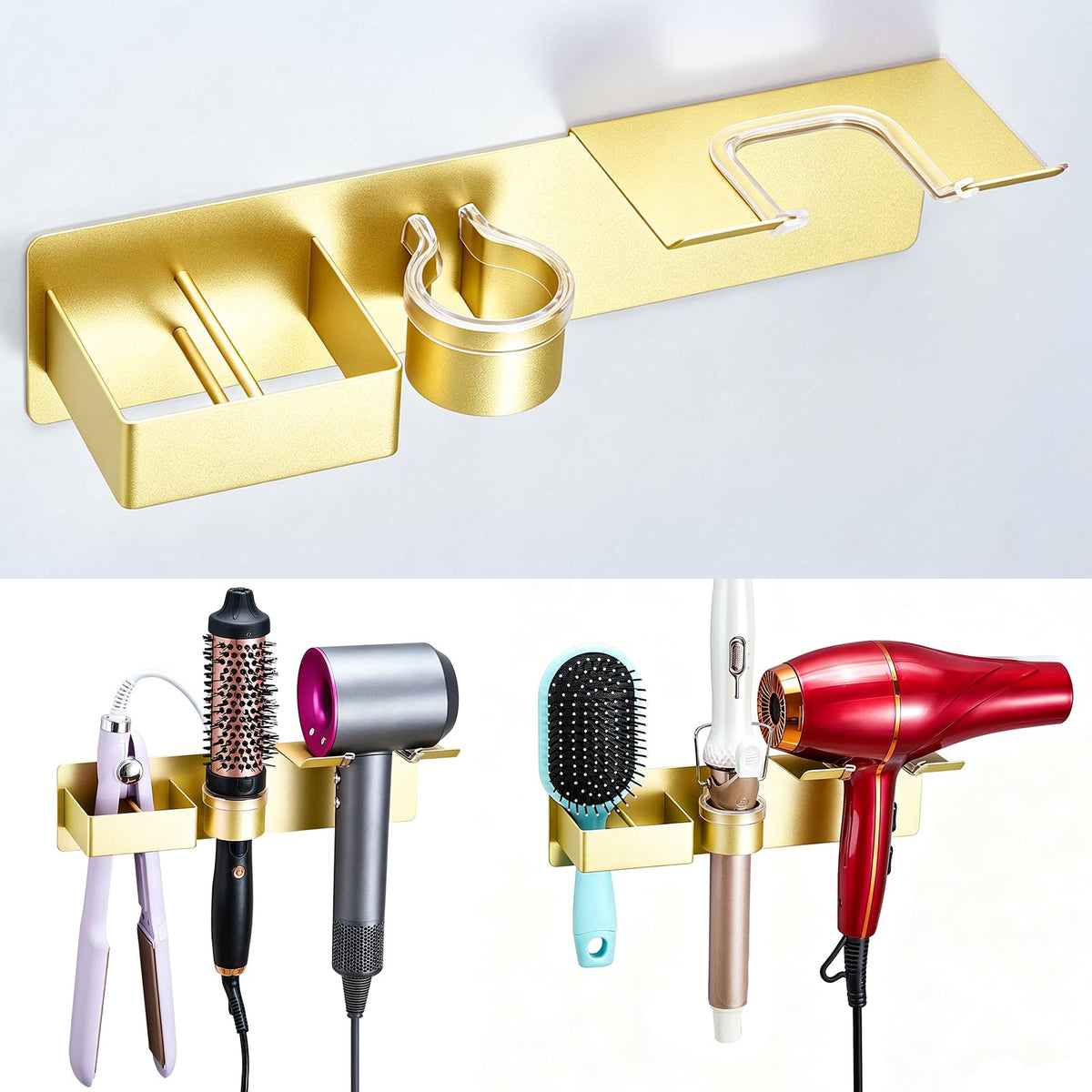 Hair Dryer Holder Wall Mount Curling Iron Holder Flat Iron Holder, Blow Dryer Holder Wall, 3 in 1 Bathroom Hair Tool Organizer Rack for Universal Hairdryer Straightener Curlings (Black)