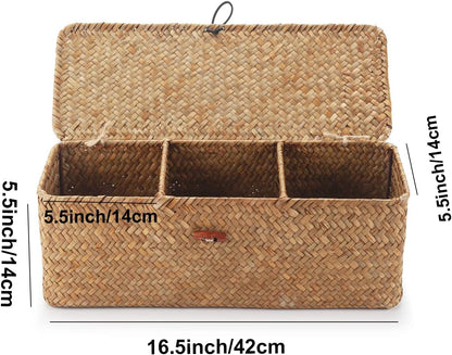 Seagrass Tank Basket with Lid Woven Toilet Roll Storage Basket with Sections Rectangular for Organize Snack Toys Tampon (Large Compartment 16.5inch L x 5.5inch W x 5.5inch H) Natural