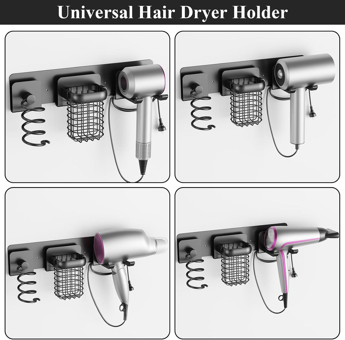 Tindbea Upgraded Aluminum Alloy Hair Dryer Holder Wall Mounted with Built-in Cord Wrap,3-in-1 Hair Tool Organizer for Blow Dryer, Curling Iron, and Straightener, Matte Black