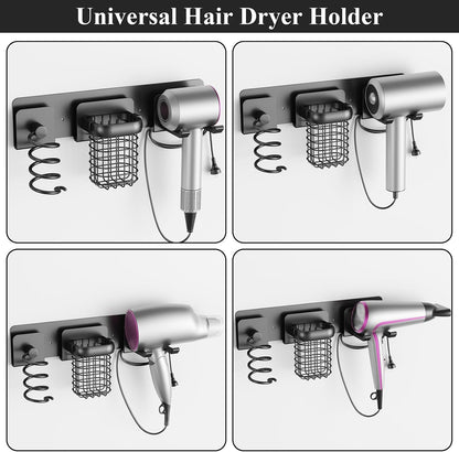 Tindbea Upgraded Aluminum Alloy Hair Dryer Holder Wall Mounted with Built-in Cord Wrap,3-in-1 Hair Tool Organizer for Blow Dryer, Curling Iron, and Straightener, Matte Black