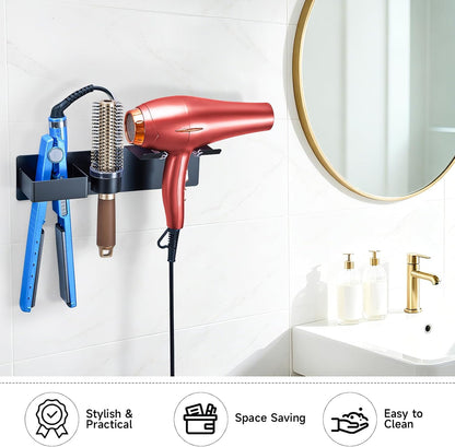 Hair Dryer Holder Wall Mount Curling Iron Holder Flat Iron Holder, Blow Dryer Holder Wall, 3 in 1 Bathroom Hair Tool Organizer Rack for Universal Hairdryer Straightener Curlings (Black)