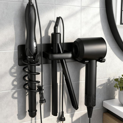 Hair Dryer Holder Wall Mounted Blow Dryer Holder Curling Iron Holder Straightener Holder 3 in 1 Bathroom Metal Hair Tool Organizer Rack（Matte Black）